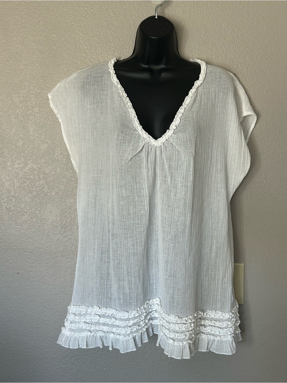 J. Crew White Cotton Gauze Beach Cover-Up Tunic V-Neck Tiered Ruffle Hem Swim